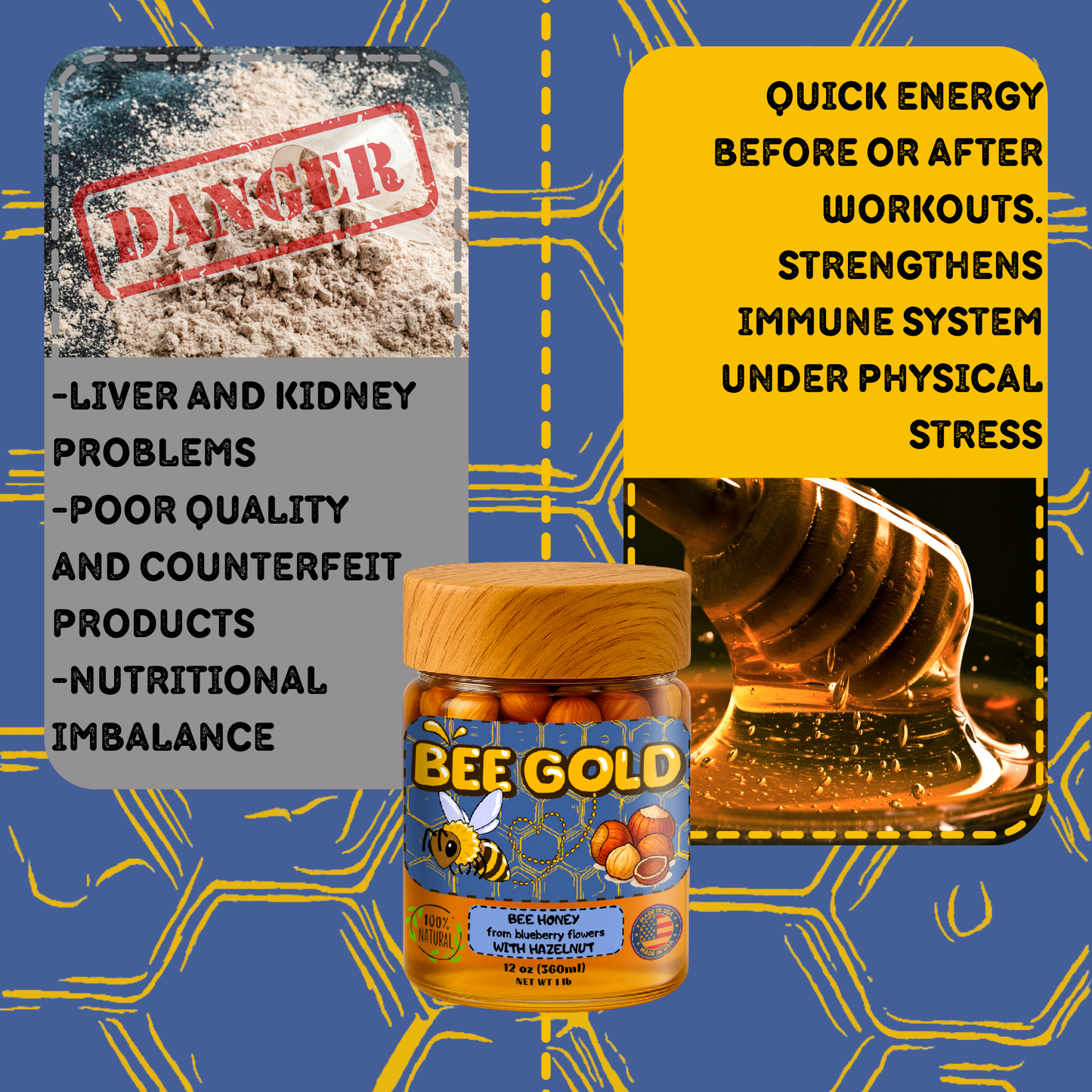 Bee Gold – Raw Blueberry Blossom Honey with Hazelnuts | Gourmet Nut Spread | Clean Ingredients | Supports Active Lifestyles | Unfiltered Honey Nut Spread | No Added Sugar | 12 oz
