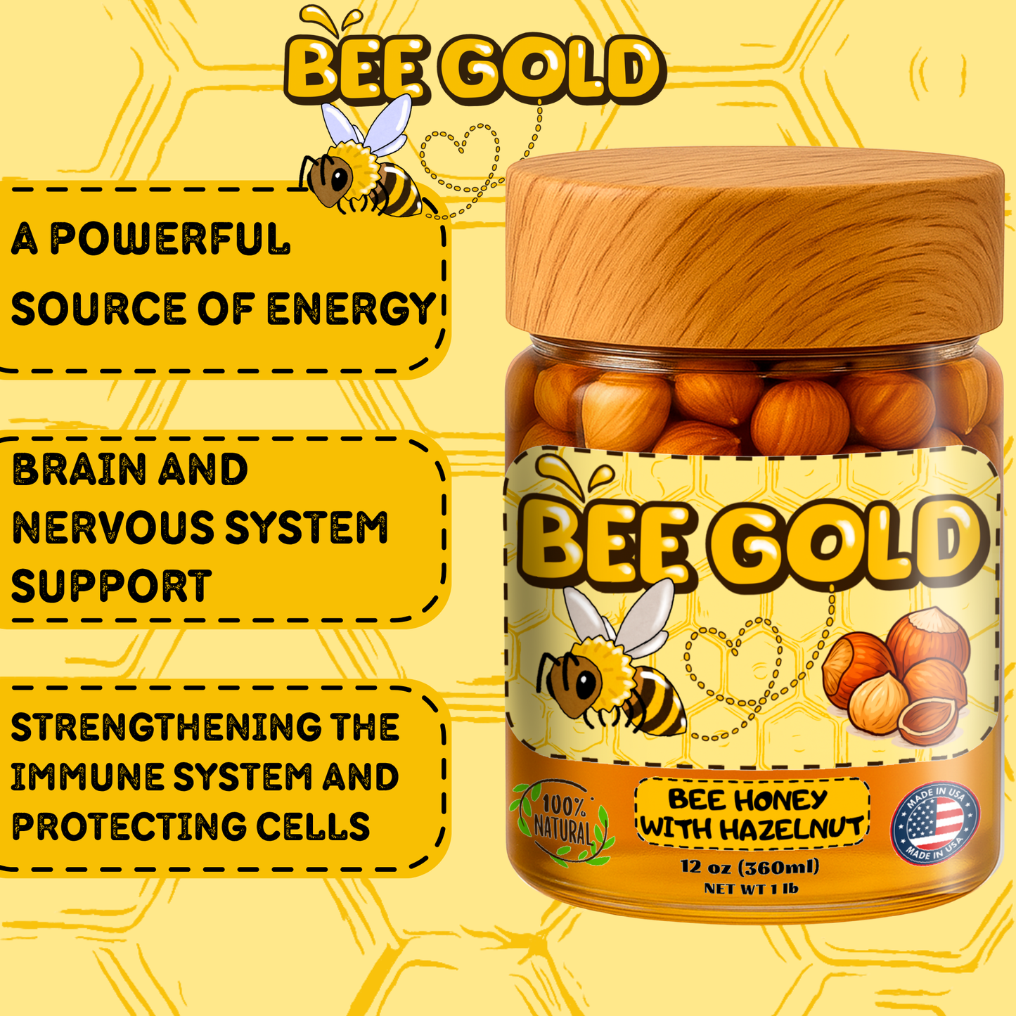 Bee Gold – Raw Honey with Hazelnuts 12 oz | Natural Energy Snack | Crunchy Gourmet Spread | No Added Sugar | Gluten-Free | Premium Glass Jar |