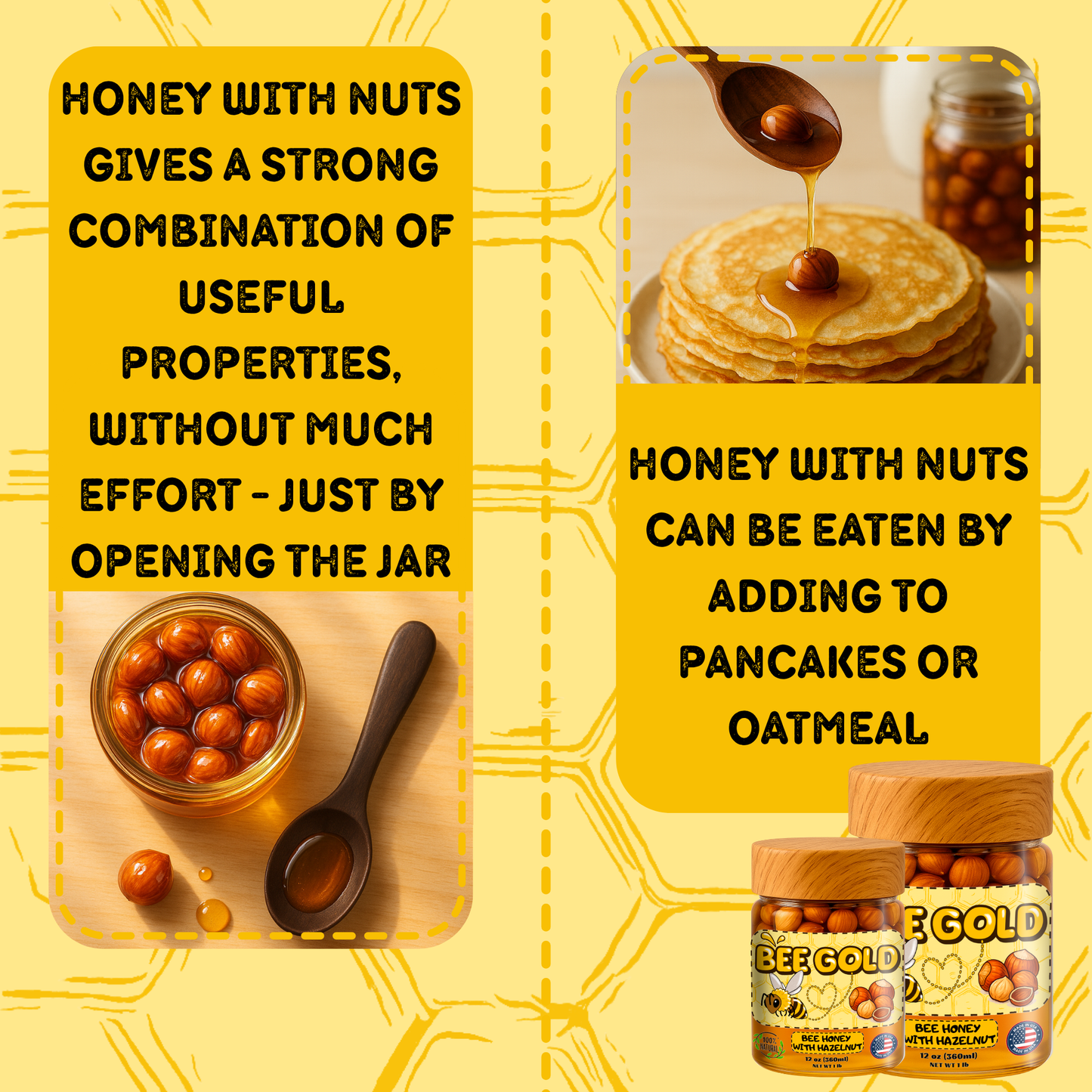 Bee Gold – Raw Honey with Hazelnuts 12 oz | Natural Energy Snack | Crunchy Gourmet Spread | No Added Sugar | Gluten-Free | Premium Glass Jar |
