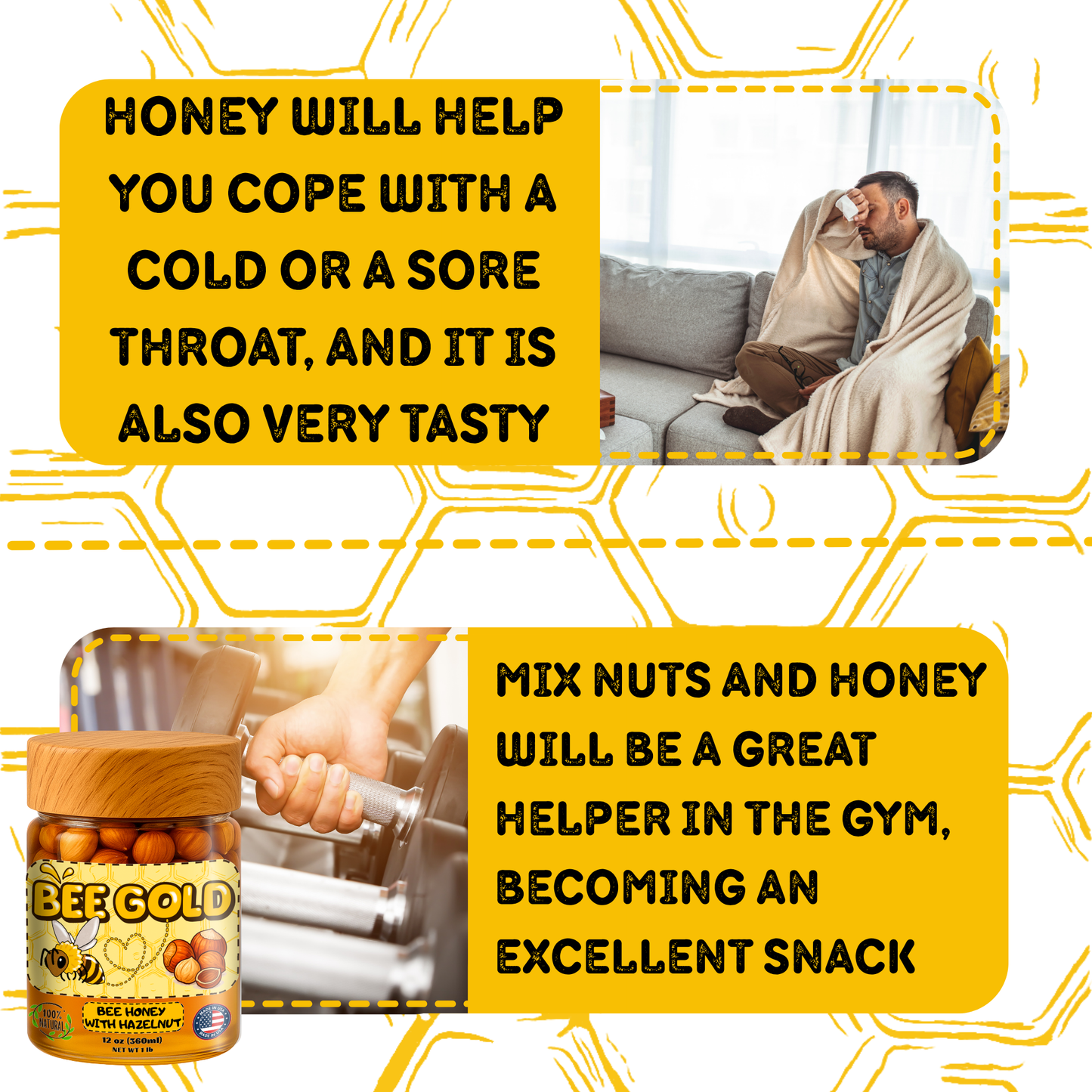 Bee Gold – Raw Honey with Hazelnuts 12 oz | Natural Energy Snack | Crunchy Gourmet Spread | No Added Sugar | Gluten-Free | Premium Glass Jar |