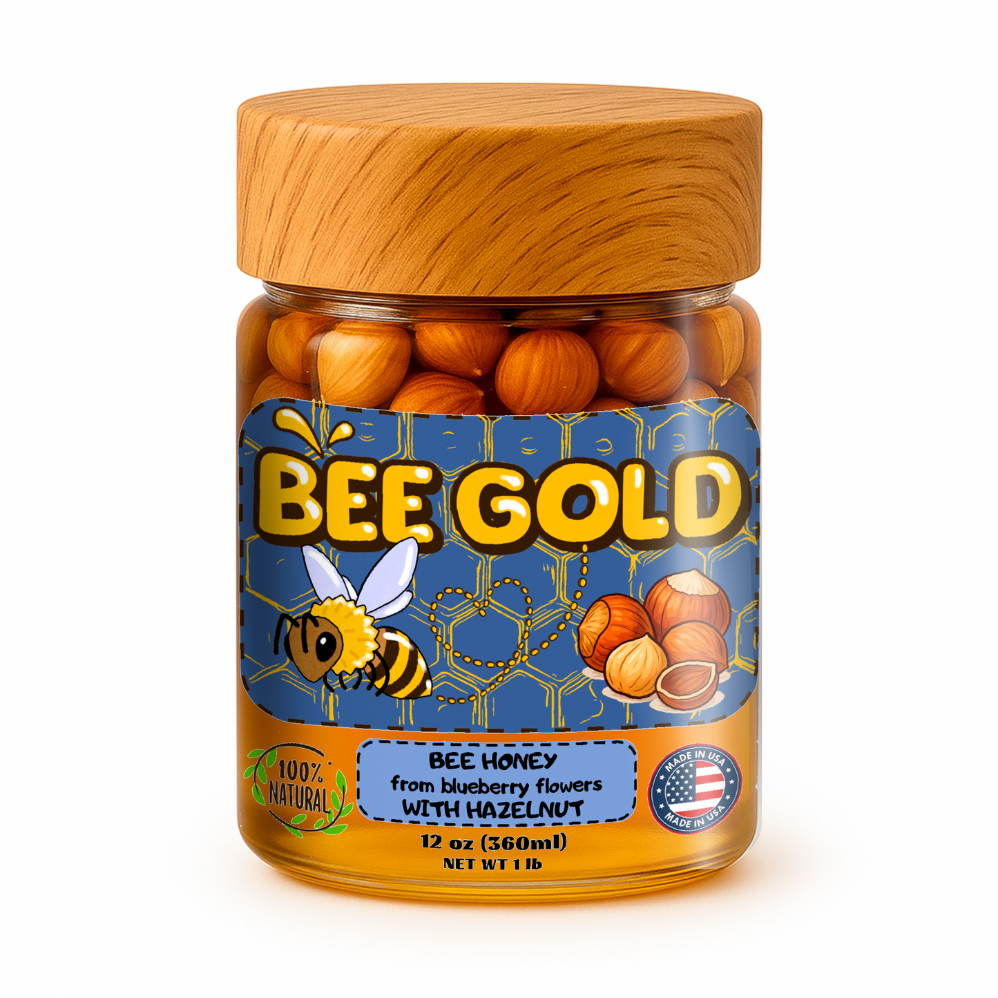 Bee Gold – Raw Blueberry Blossom Honey with Hazelnuts | Gourmet Nut Spread | Clean Ingredients | Supports Active Lifestyles | Unfiltered Honey Nut Spread | No Added Sugar | 12 oz