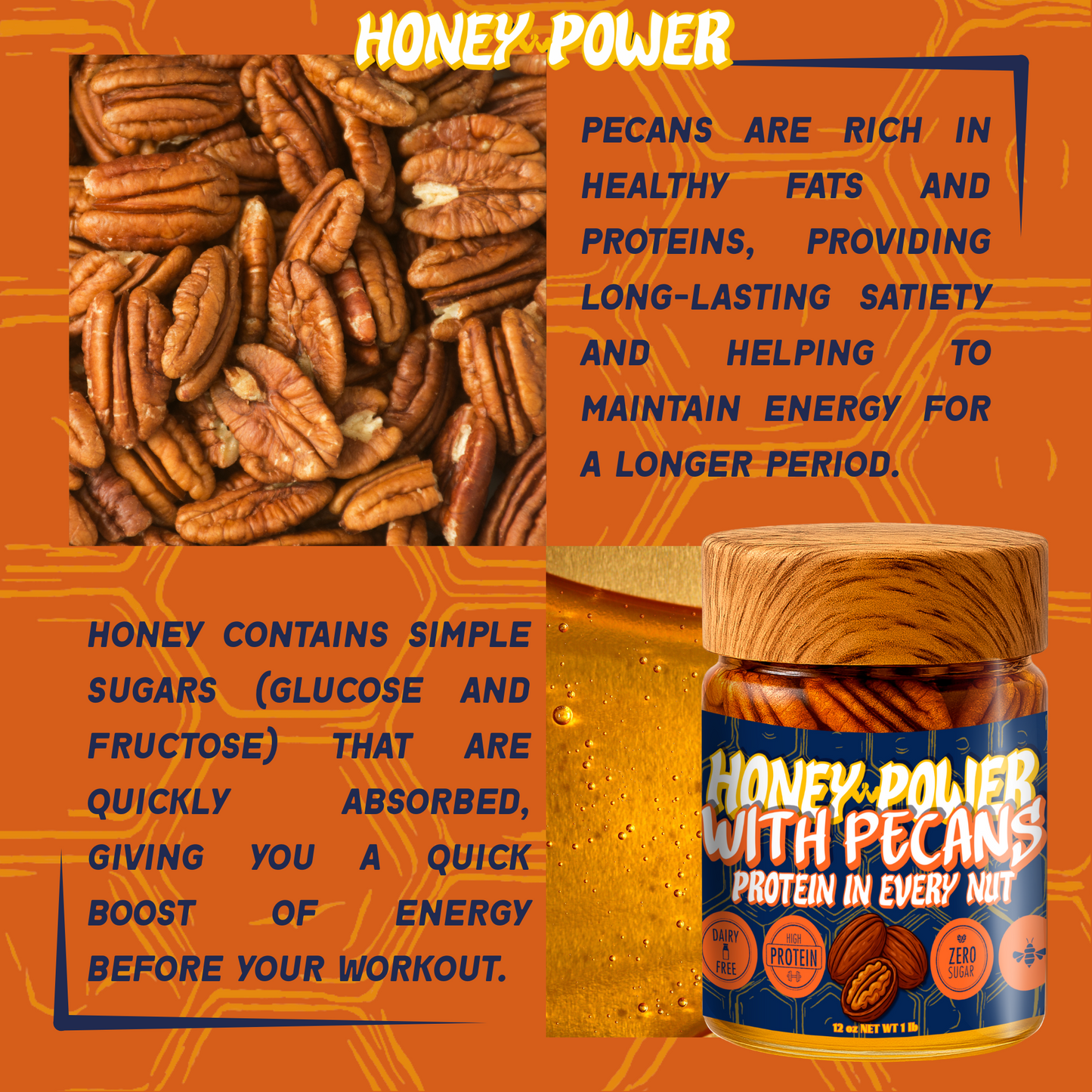 Honey Power with Pecans - Natural Honey | Protein in Every Nut | Energy Boost for Gym | Fitness Recovery Food | Muscle Support | No Added Sugar | Gluten-Free | 12 oz
