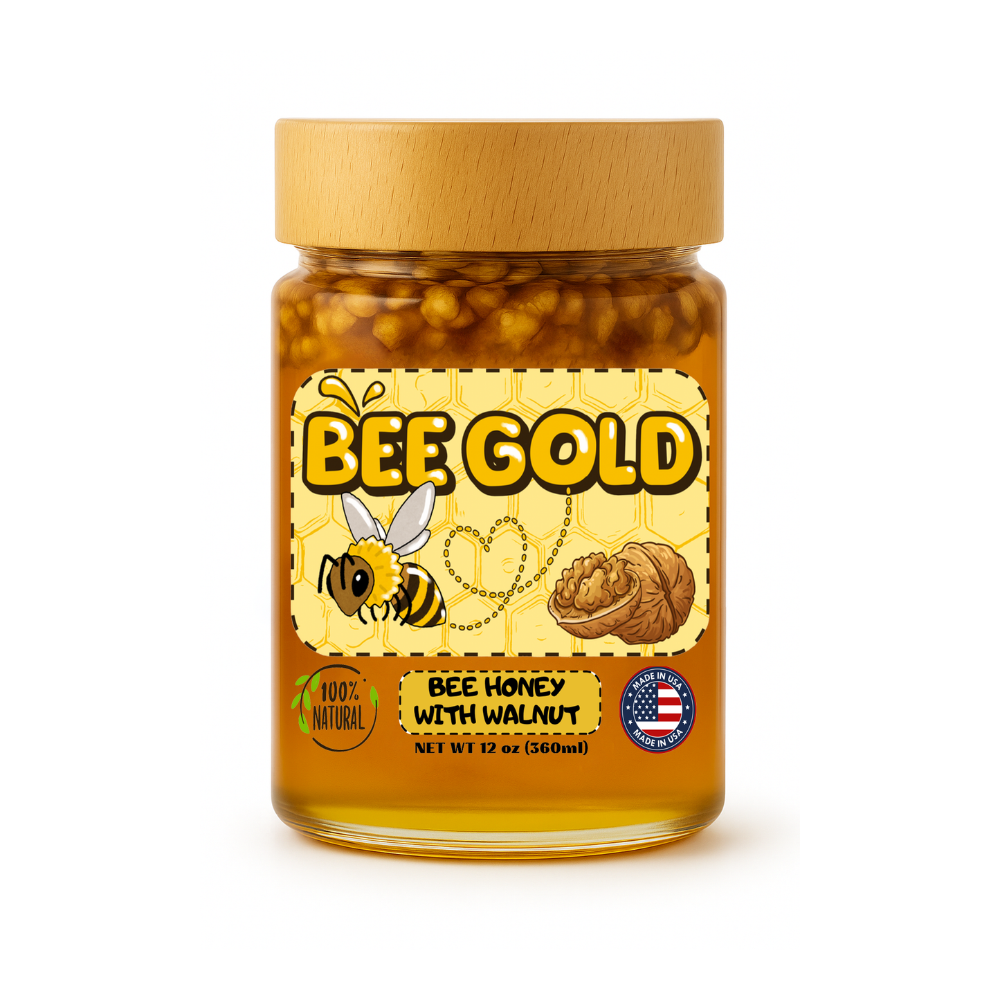 Bee Gold Raw Honey with Whole Walnuts 12 oz - Crunchy Gourmet Snack | Natural Honey Nut Spread | No Added Sugar | Gluten-Free | Premium Glass Jar |