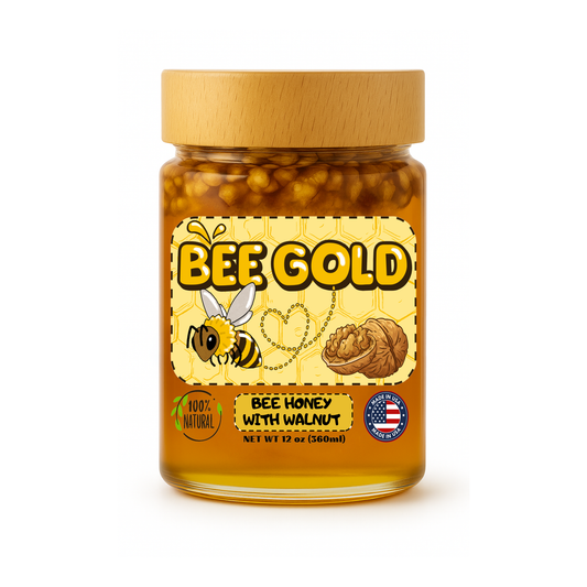 Bee Gold Raw Honey with Whole Walnuts 12 oz - Crunchy Gourmet Snack | Natural Honey Nut Spread | No Added Sugar | Gluten-Free | Premium Glass Jar |