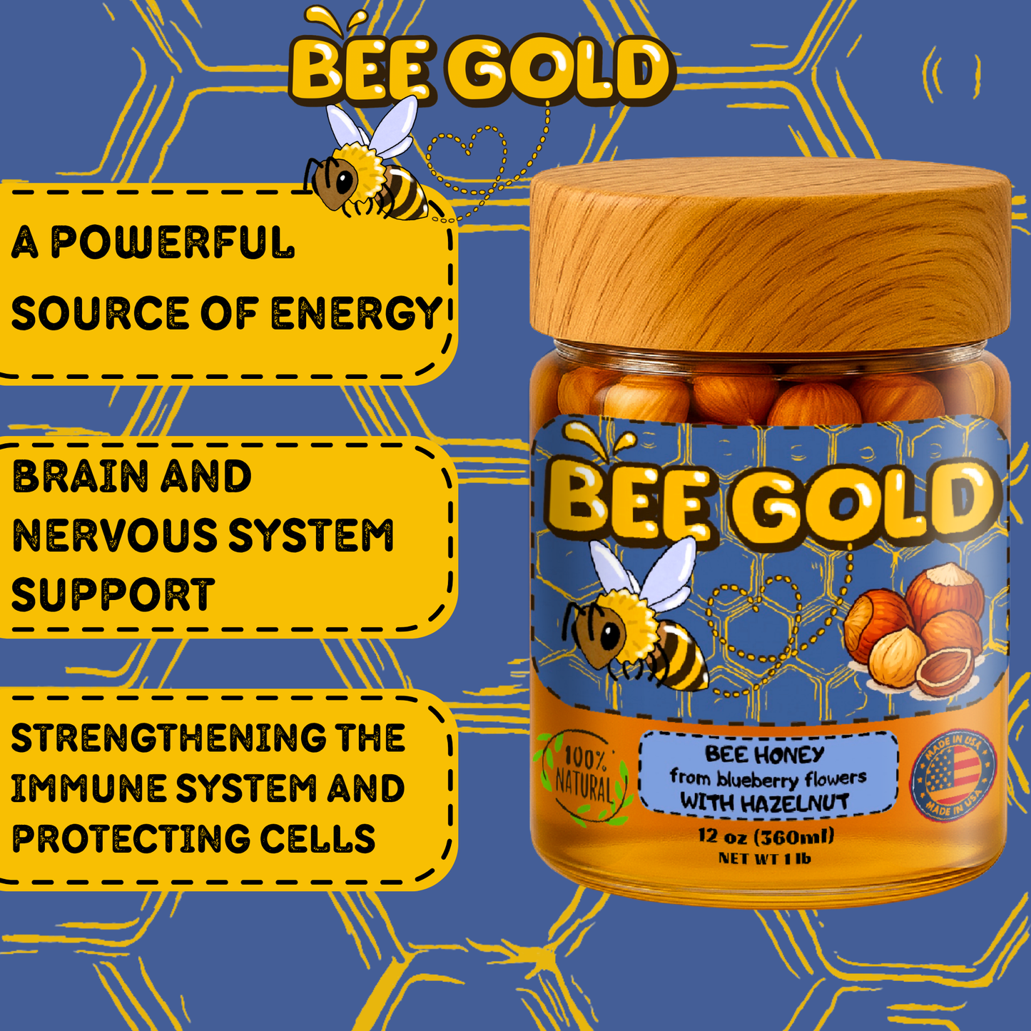 Bee Gold – Raw Blueberry Blossom Honey with Hazelnuts | Gourmet Nut Spread | Clean Ingredients | Supports Active Lifestyles | Unfiltered Honey Nut Spread | No Added Sugar | 12 oz