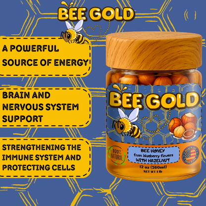Bee Gold – Raw Blueberry Blossom Honey with Hazelnuts | Gourmet Nut Spread | Clean Ingredients | Supports Active Lifestyles | Unfiltered Honey Nut Spread | No Added Sugar | 12 oz