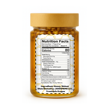 Bee Gold Raw Honey with Whole Walnuts 12 oz - Crunchy Gourmet Snack | Natural Honey Nut Spread | No Added Sugar | Gluten-Free | Premium Glass Jar |