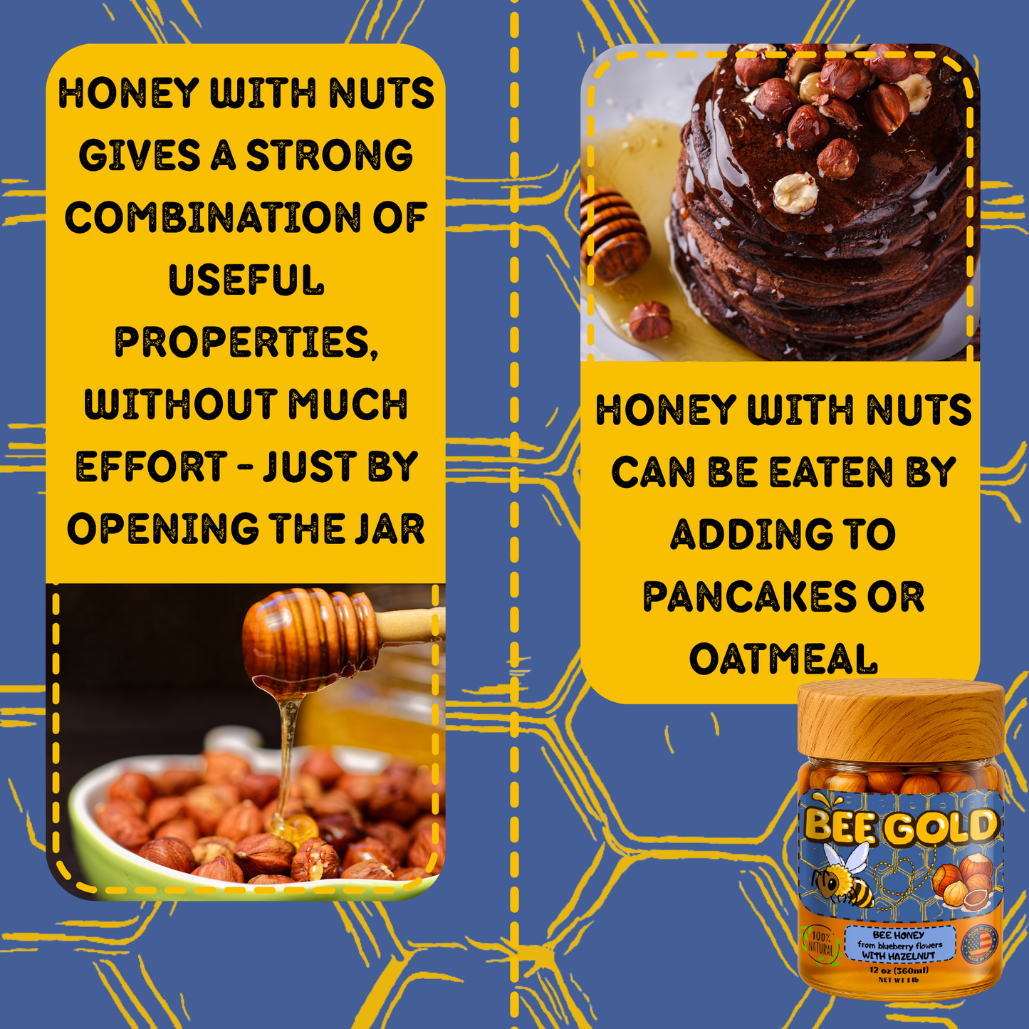 Bee Gold – Raw Blueberry Blossom Honey with Hazelnuts | Gourmet Nut Spread | Clean Ingredients | Supports Active Lifestyles | Unfiltered Honey Nut Spread | No Added Sugar | 12 oz