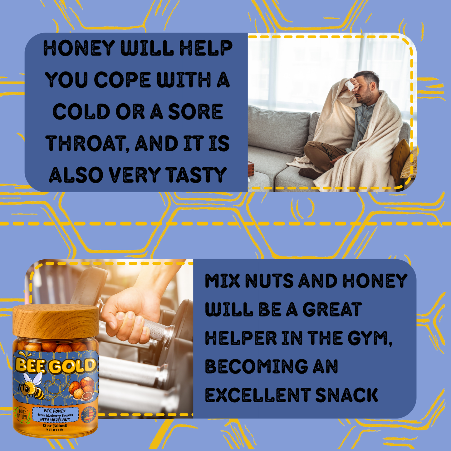Bee Gold – Raw Blueberry Blossom Honey with Hazelnuts | Gourmet Nut Spread | Clean Ingredients | Supports Active Lifestyles | Unfiltered Honey Nut Spread | No Added Sugar | 12 oz