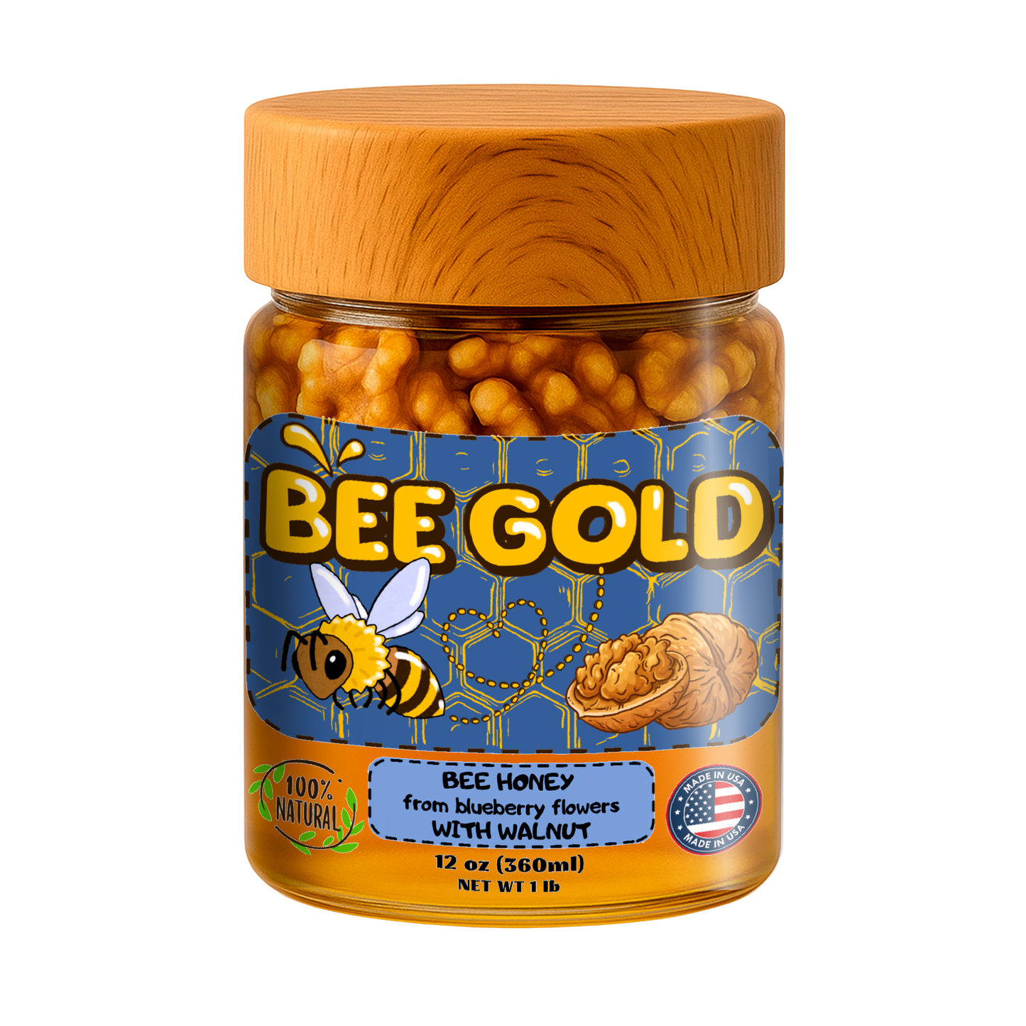 Bee Gold – Raw Blueberry Blossom Honey with Walnuts 12 oz