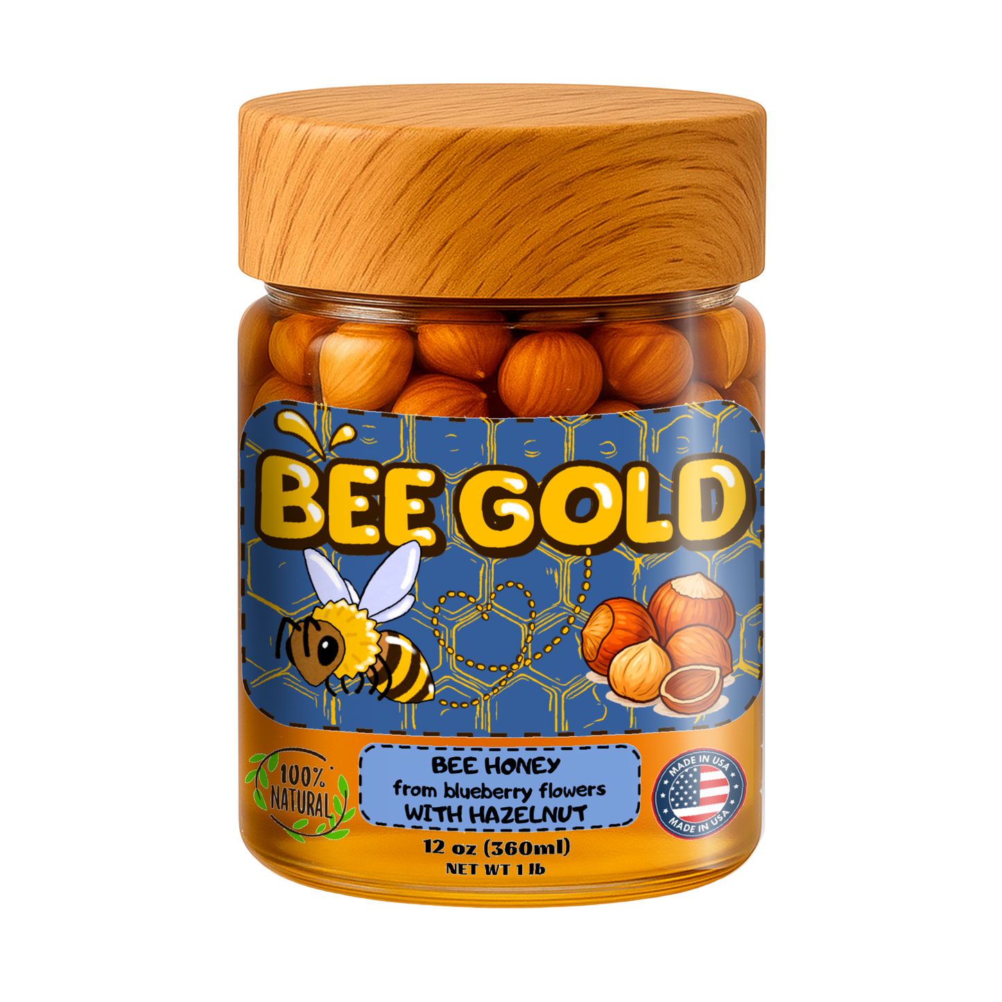 Bee Gold – Raw Blueberry Blossom Honey with Hazelnuts 12 oz