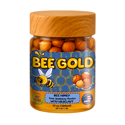 Bee Gold – Raw Blueberry Blossom Honey with Hazelnuts 12 oz