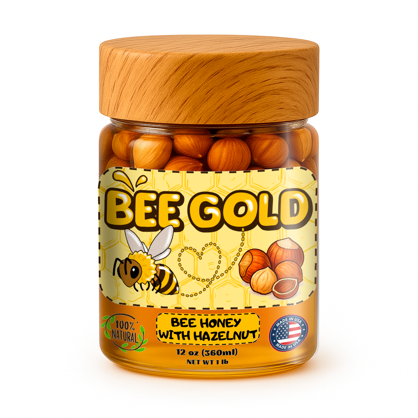 Bee Gold – Raw Honey with Hazelnuts 12 oz | Natural Energy Snack | Crunchy Gourmet Spread | No Added Sugar | Gluten-Free | Premium Glass Jar |
