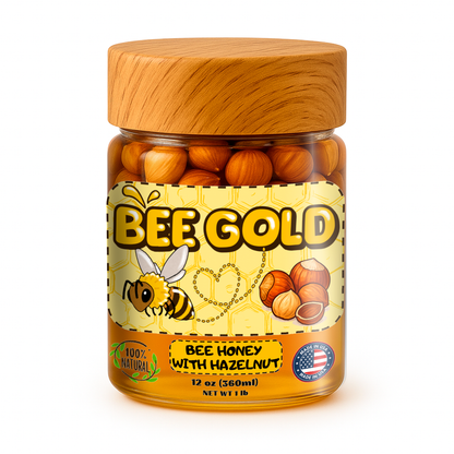 Bee Gold – Raw Honey with Hazelnuts 12 oz | Natural Energy Snack | Crunchy Gourmet Spread | No Added Sugar | Gluten-Free | Premium Glass Jar |