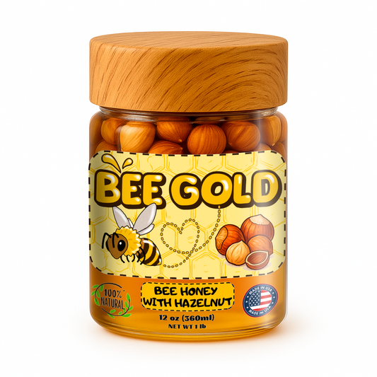 Bee Gold – Raw Honey with Hazelnuts 12 oz | Natural Energy Snack | Crunchy Gourmet Spread | No Added Sugar | Gluten-Free | Premium Glass Jar |