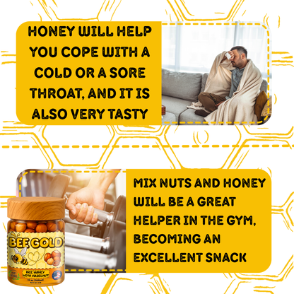Bee Gold – Raw Honey with Hazelnuts 12 oz | Natural Energy Snack | Crunchy Gourmet Spread | No Added Sugar | Gluten-Free | Premium Glass Jar |