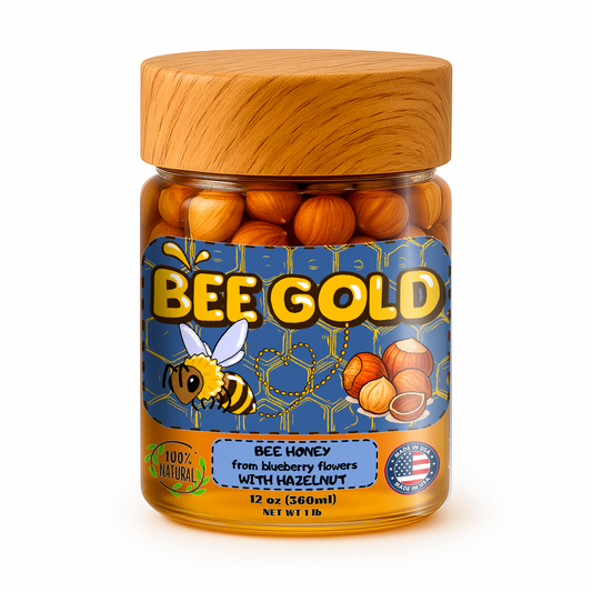 Bee Gold – Raw Blueberry Blossom Honey with Hazelnuts | Gourmet Nut Spread | Clean Ingredients | Supports Active Lifestyles | Unfiltered Honey Nut Spread | No Added Sugar | 12 oz